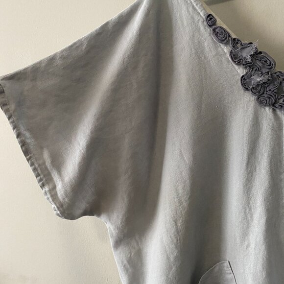 Handmade Plus Size 100% Linen Blue Grey Patch Pocket Floral Appliqué Dress - Picture 4 of 16